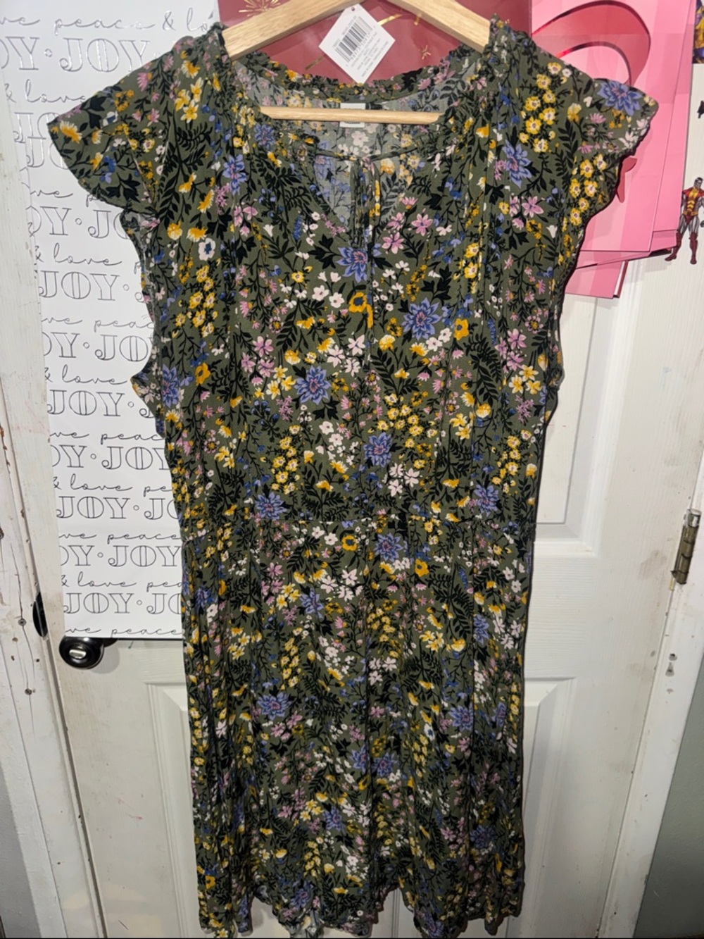 Old Navy Olive Floral Midi Dress with Yellow & Lavender Blooms